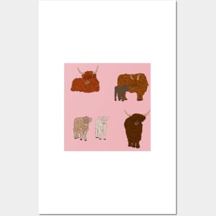 Highland Cows Pattern Pink Posters and Art